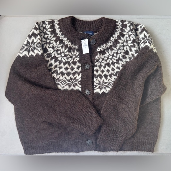 NWT Fuzzy Fair Isle Cardigan Sweater in Brown - Picture 11 of 15